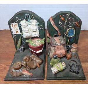 Pair of Vtg Fisherman Bookends Heavy Resin Pole tacklebox